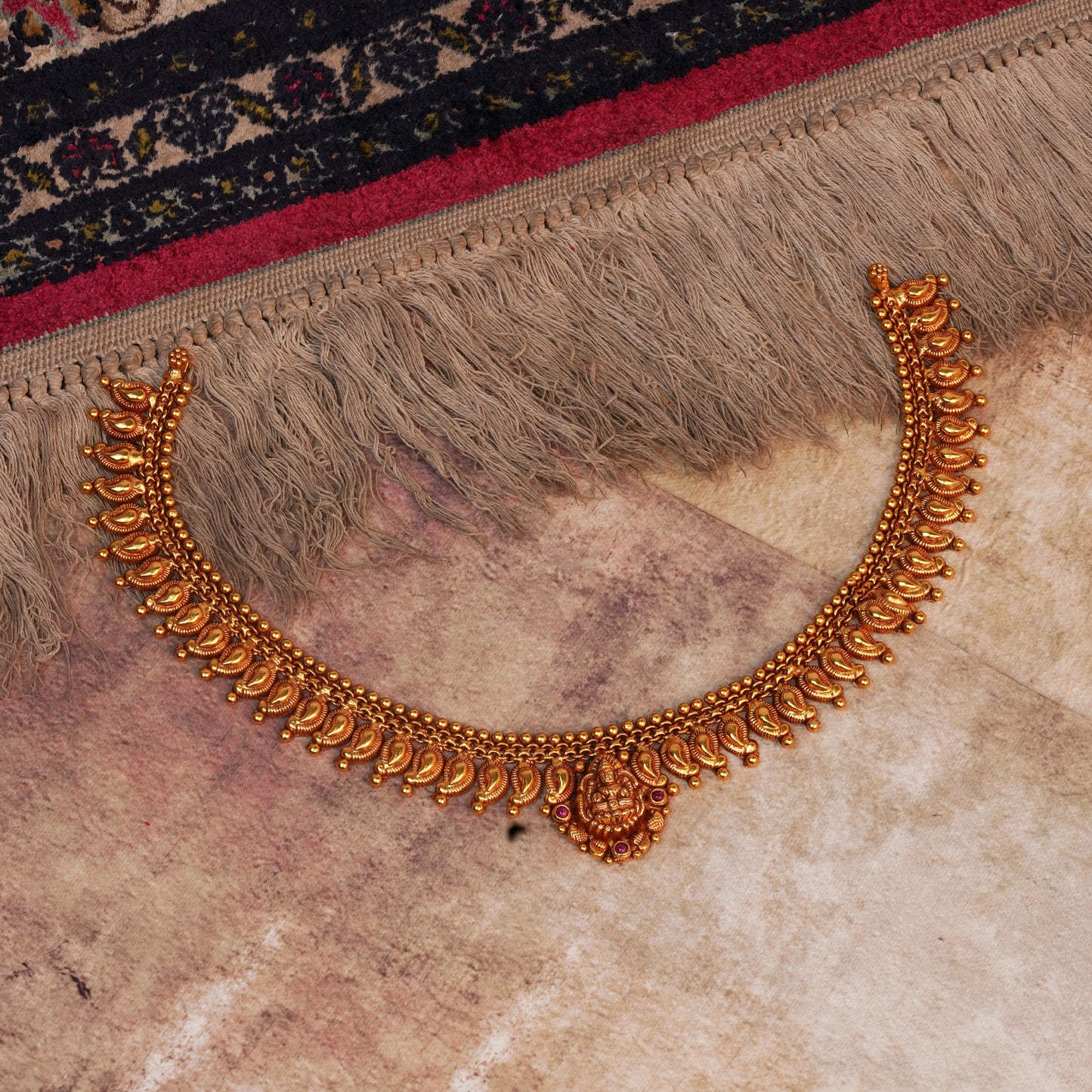 Varnika Lakshmi Kasu Necklace in Antique Gold Finish