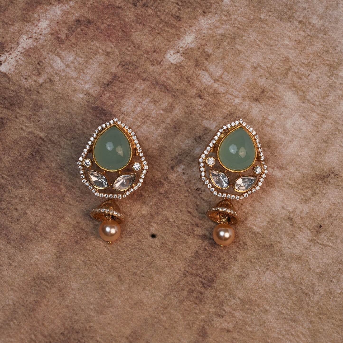 Nayra Mint Drop Earrings with Pearl Finish and Antique Detail