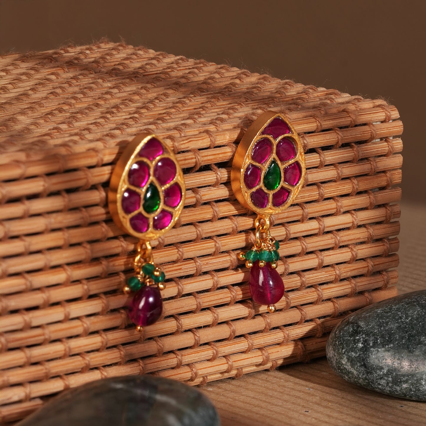 Mayurya Drop Earrings with Ruby & Emerald Tones