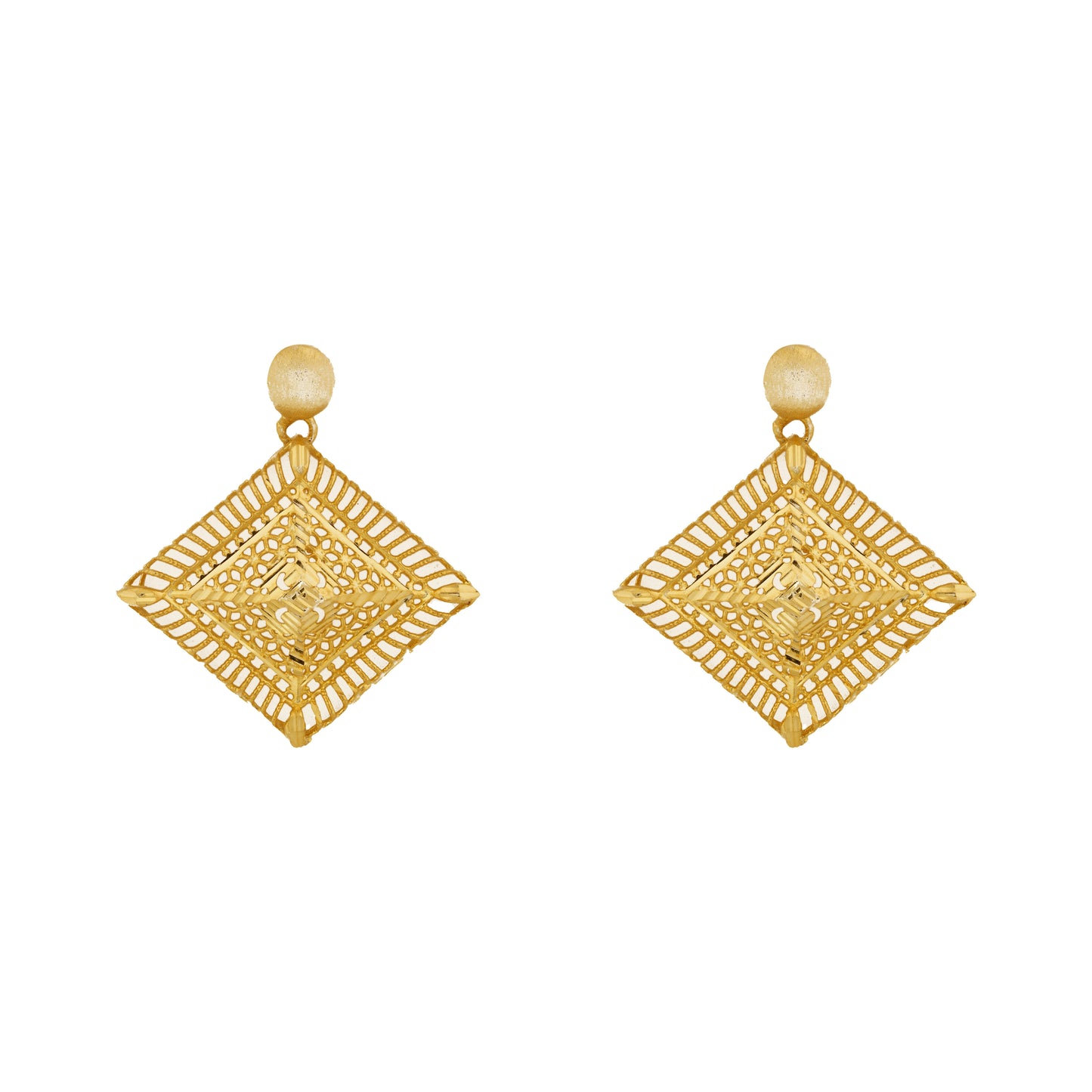Geometric Lattice Square Drop Earrings in Antique Gold
