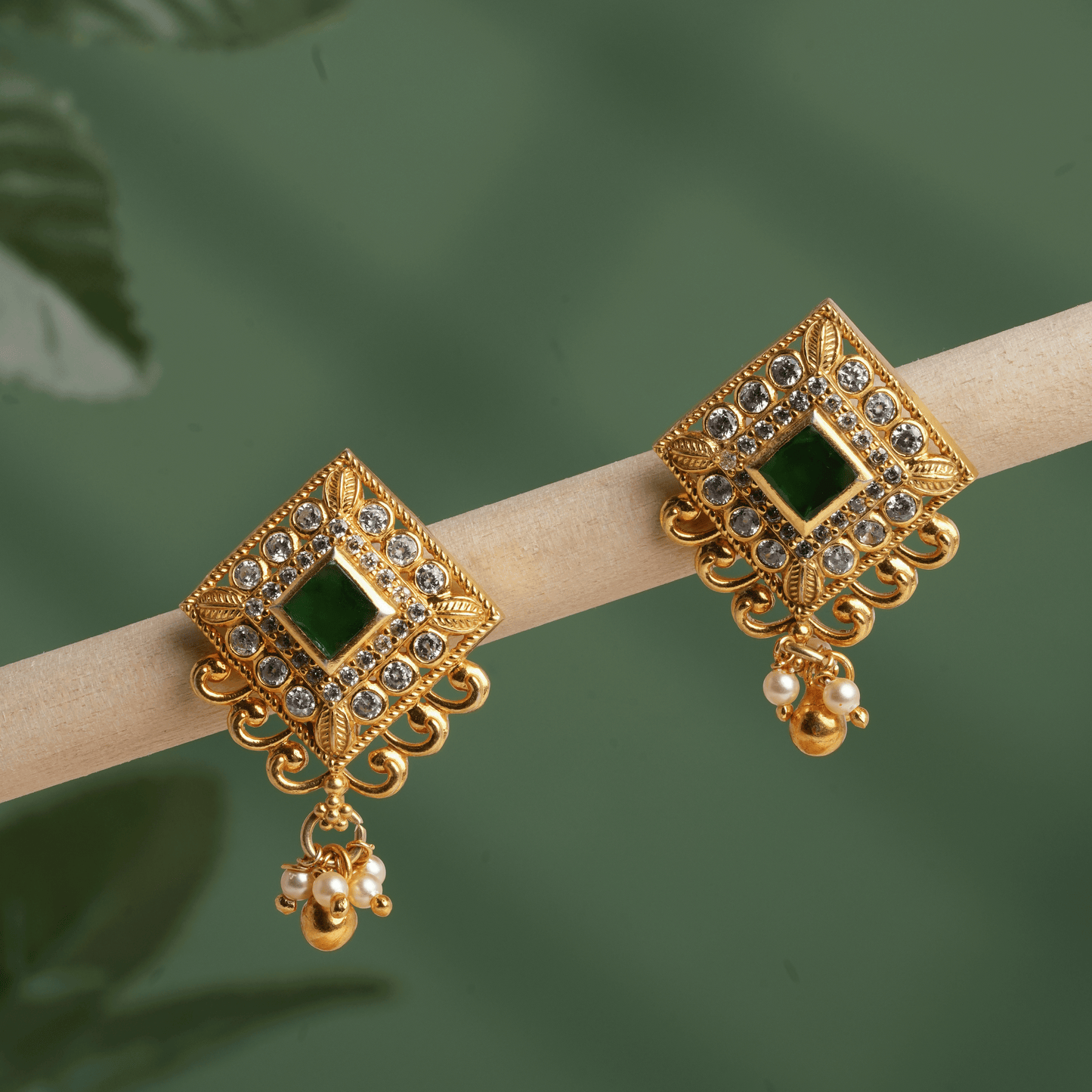 Meenakshi Emerald Square Chand Earrings with Pearl Drop