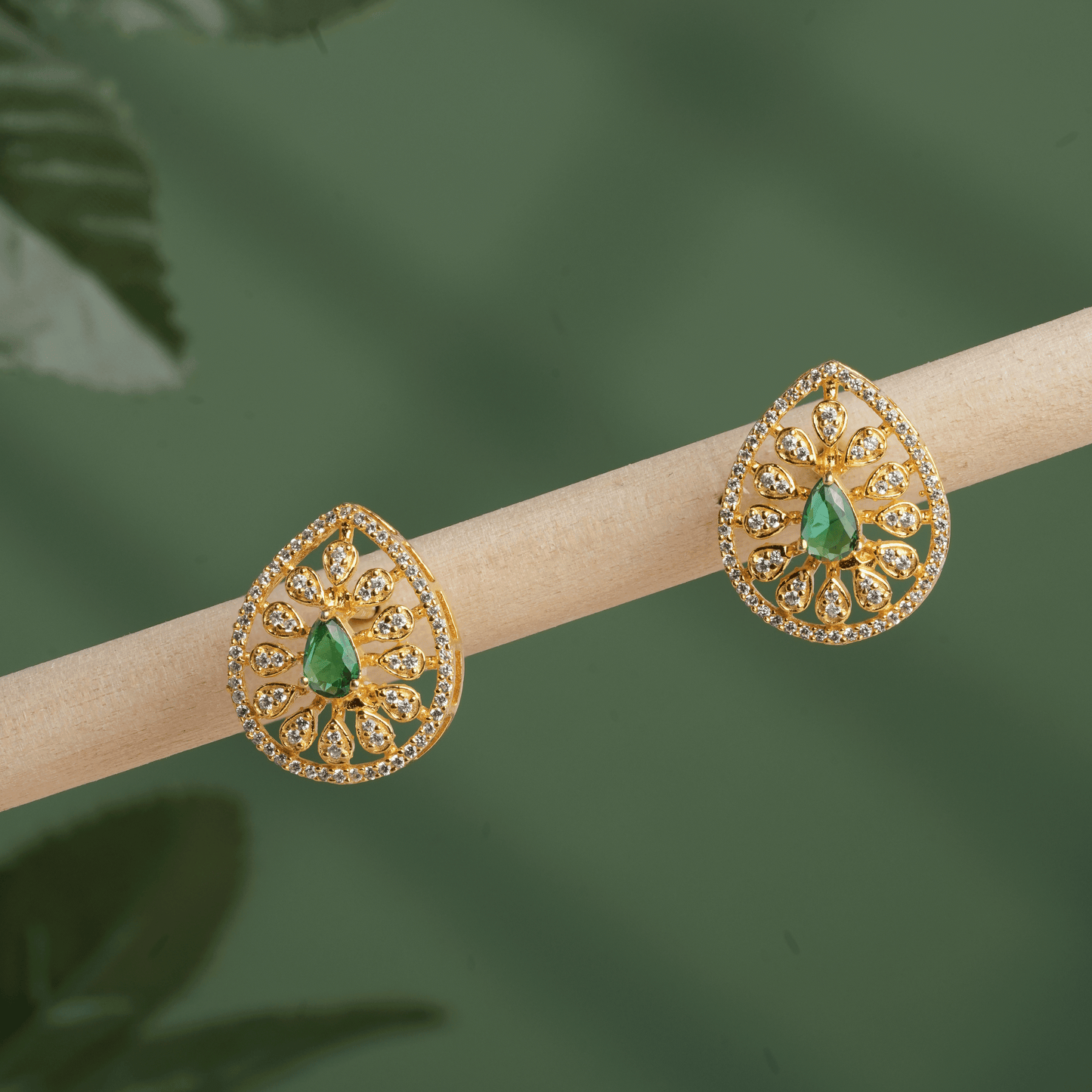 Emerald Radiance Teardrop Studs in Antique Gold