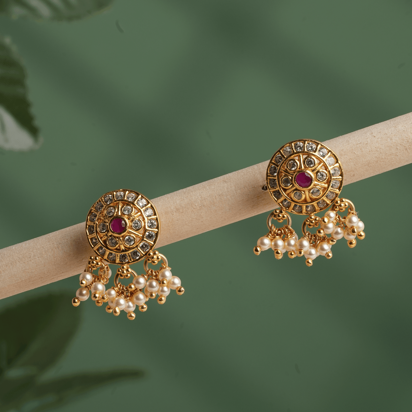 Ruby Blossom Chandbaali Pendant with Pearl Tassels