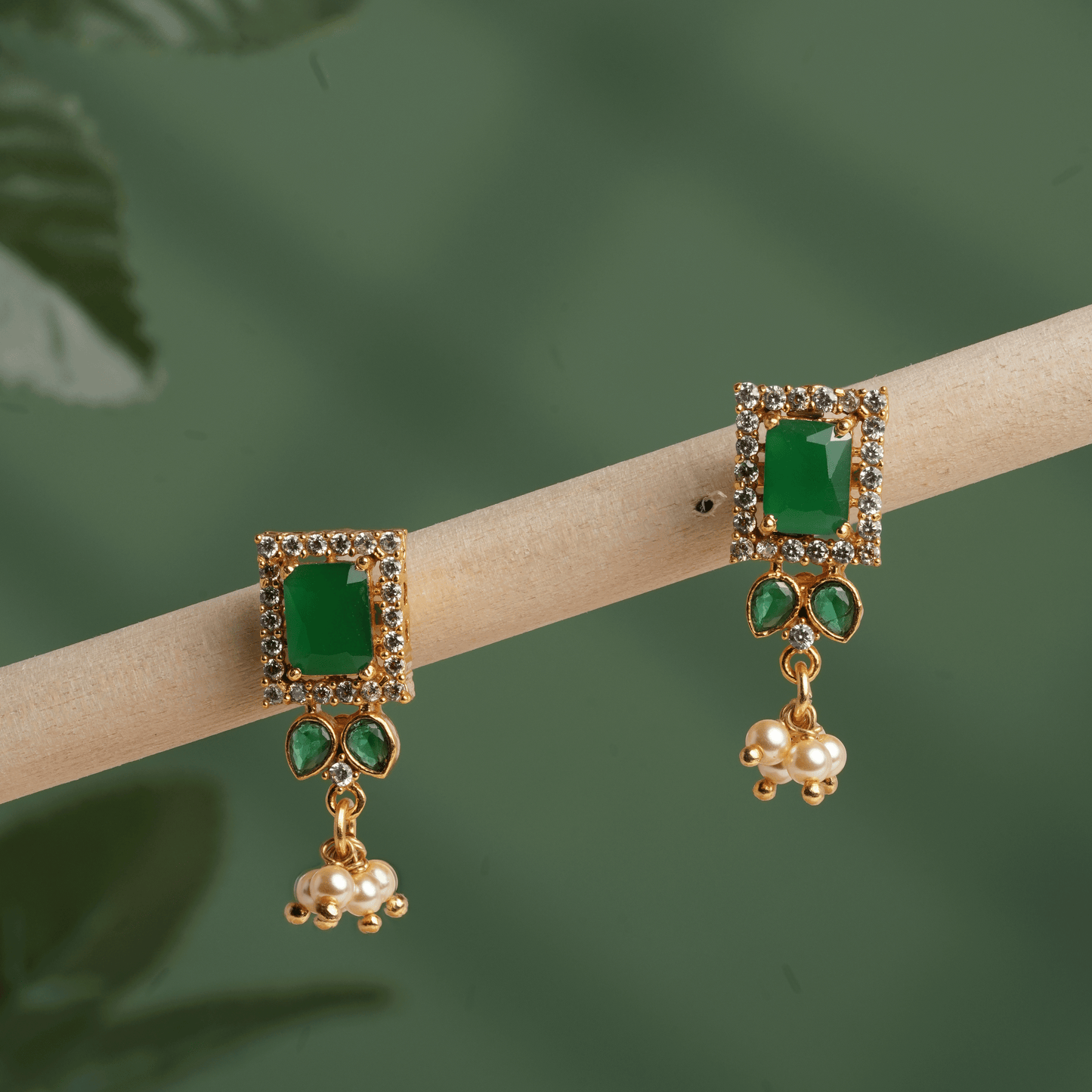 Emerald Gleam Stud-Drops with Pearl Tassels