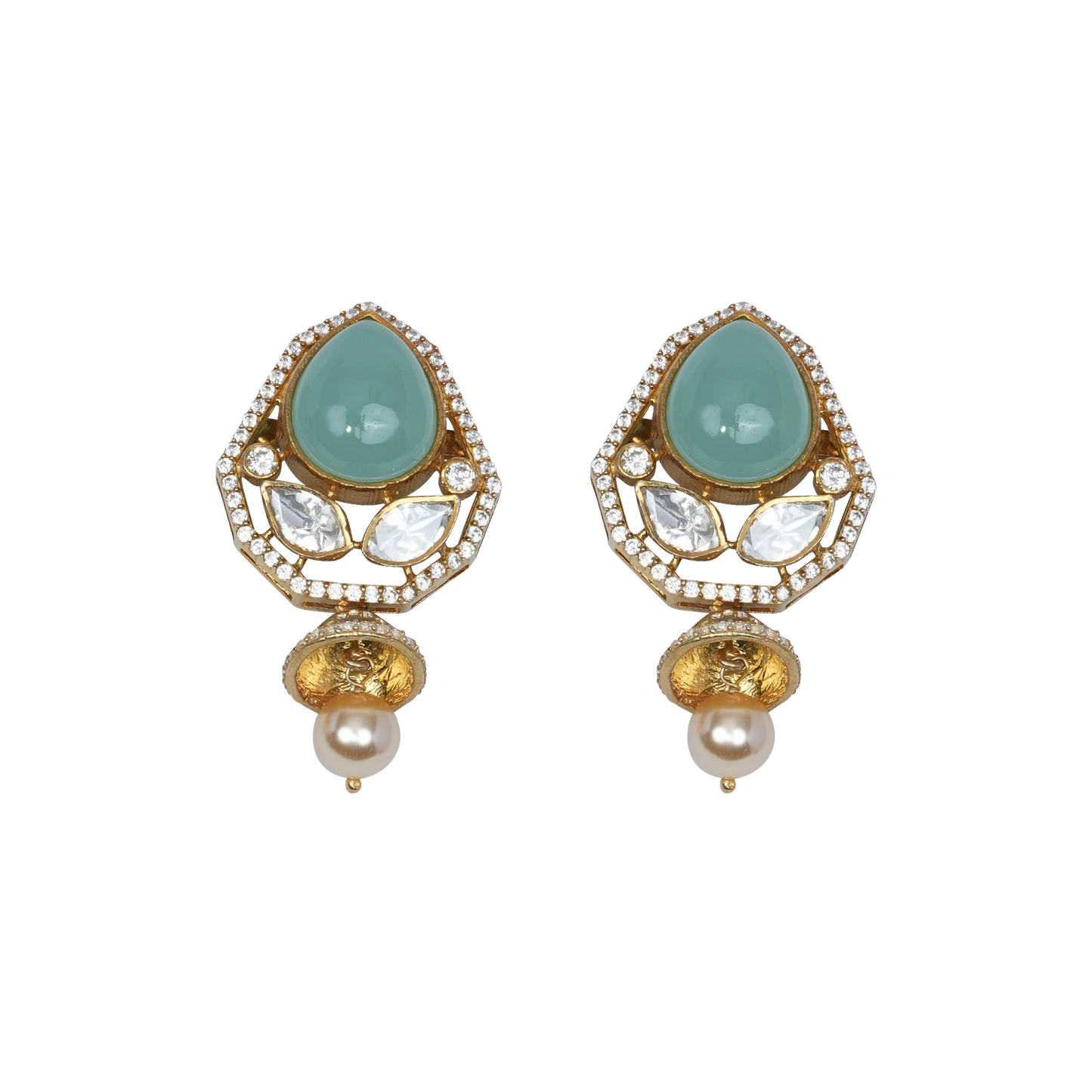 Nayra Mint Drop Earrings with Pearl Finish and Antique Detail