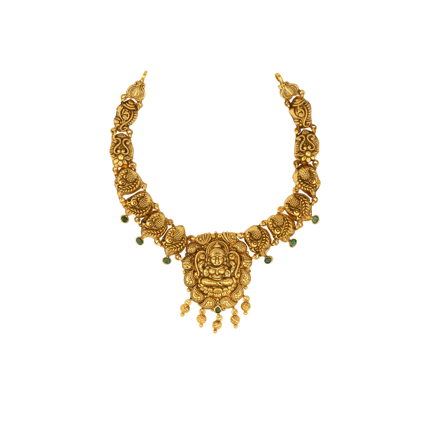 Lakshmi Radiance Antique Gold Necklace with Emerald Droplets