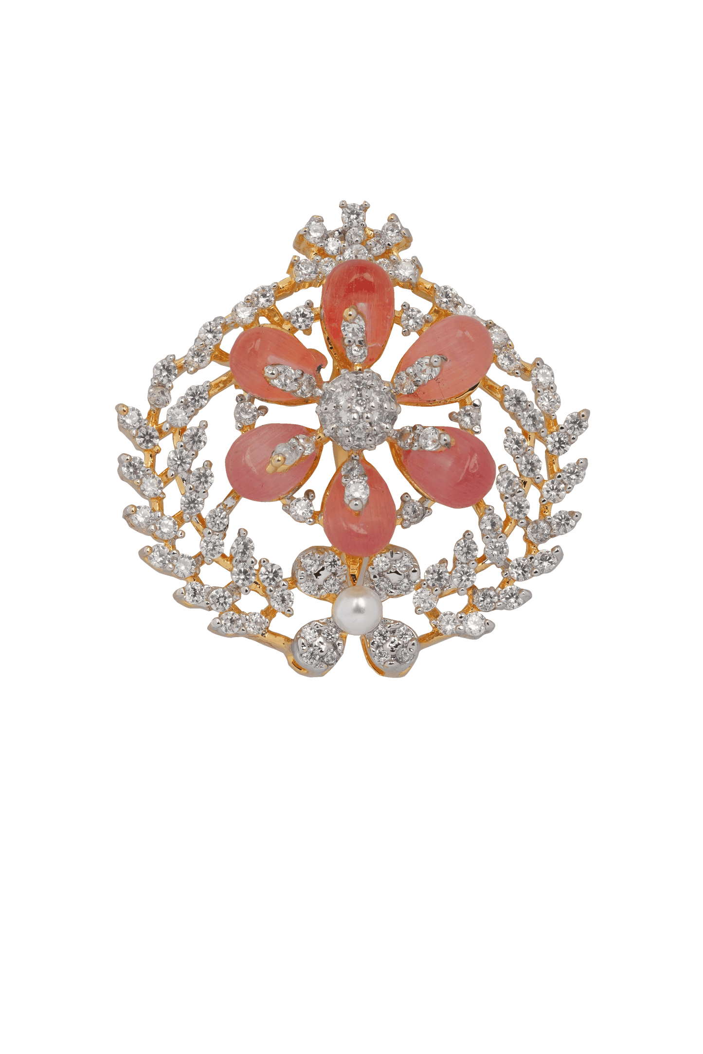 Petals of Grace: Diamond-Studded Floral Brooch with Blush Deep Purple Accents & Pearl Center