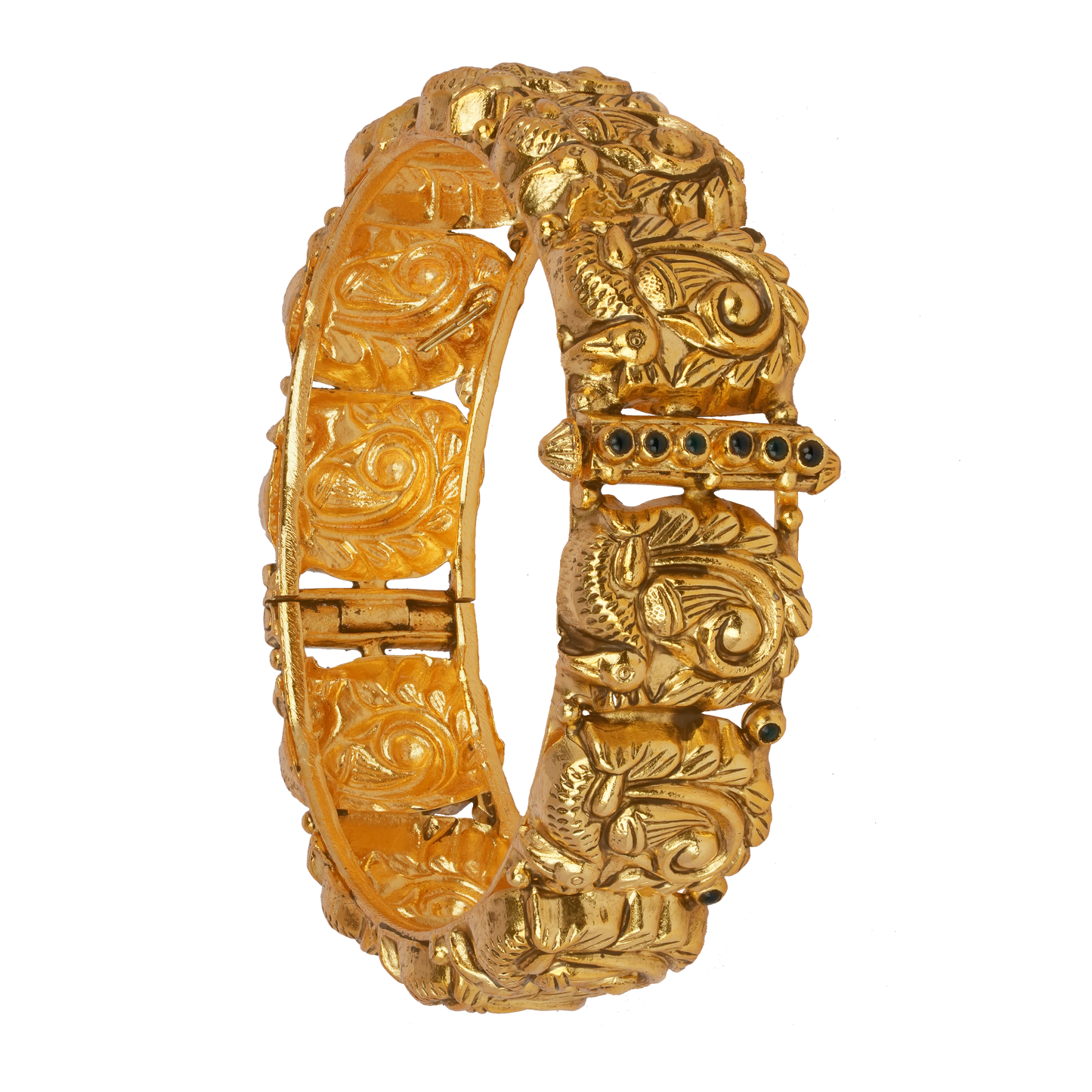 Mythical Peacock Gold Bangle with Emerald Detailing