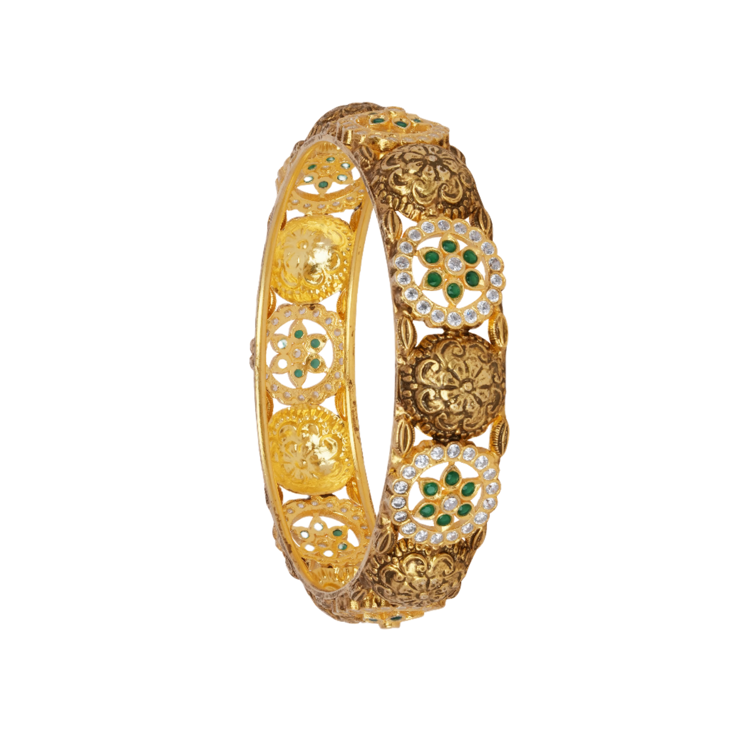 Opulent Floral Medallion Gold Bangle with Emerald and Diamond Accents