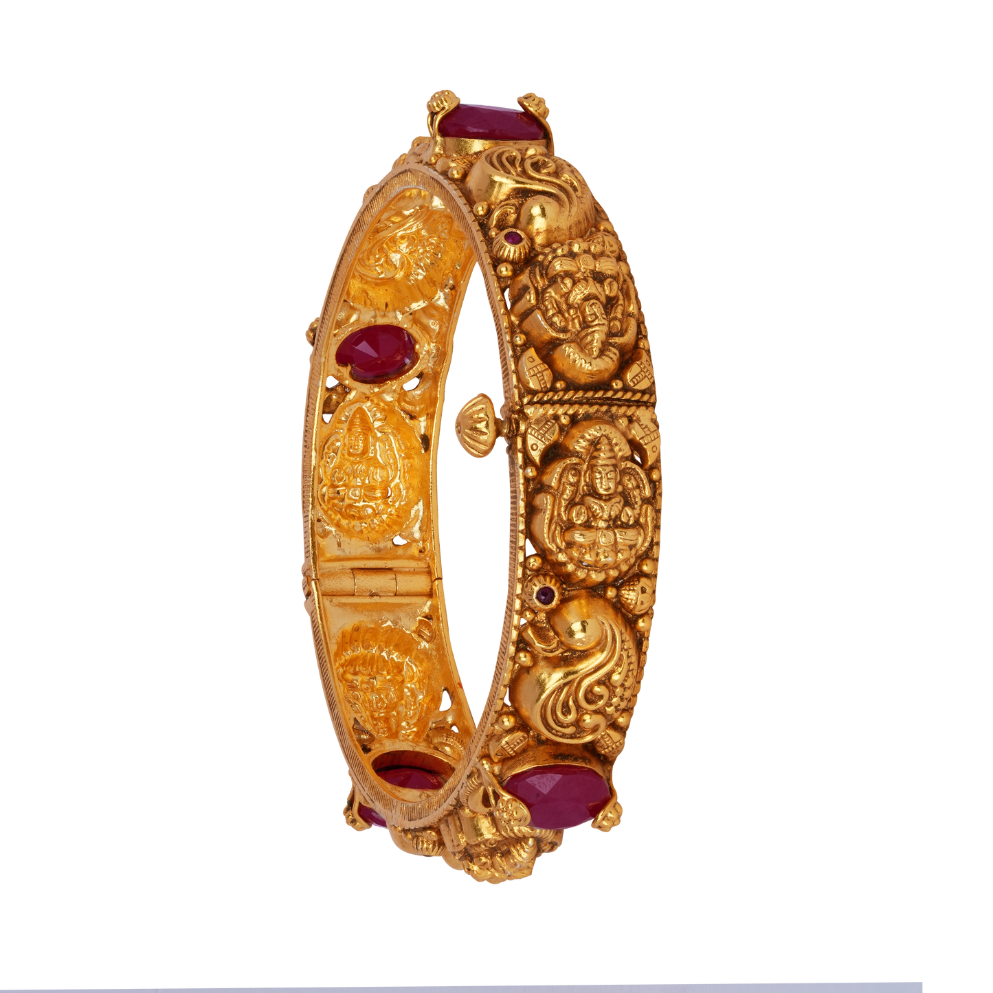 Divine Lakshmi Gold Bangle with Ruby Gemstone Embellishments