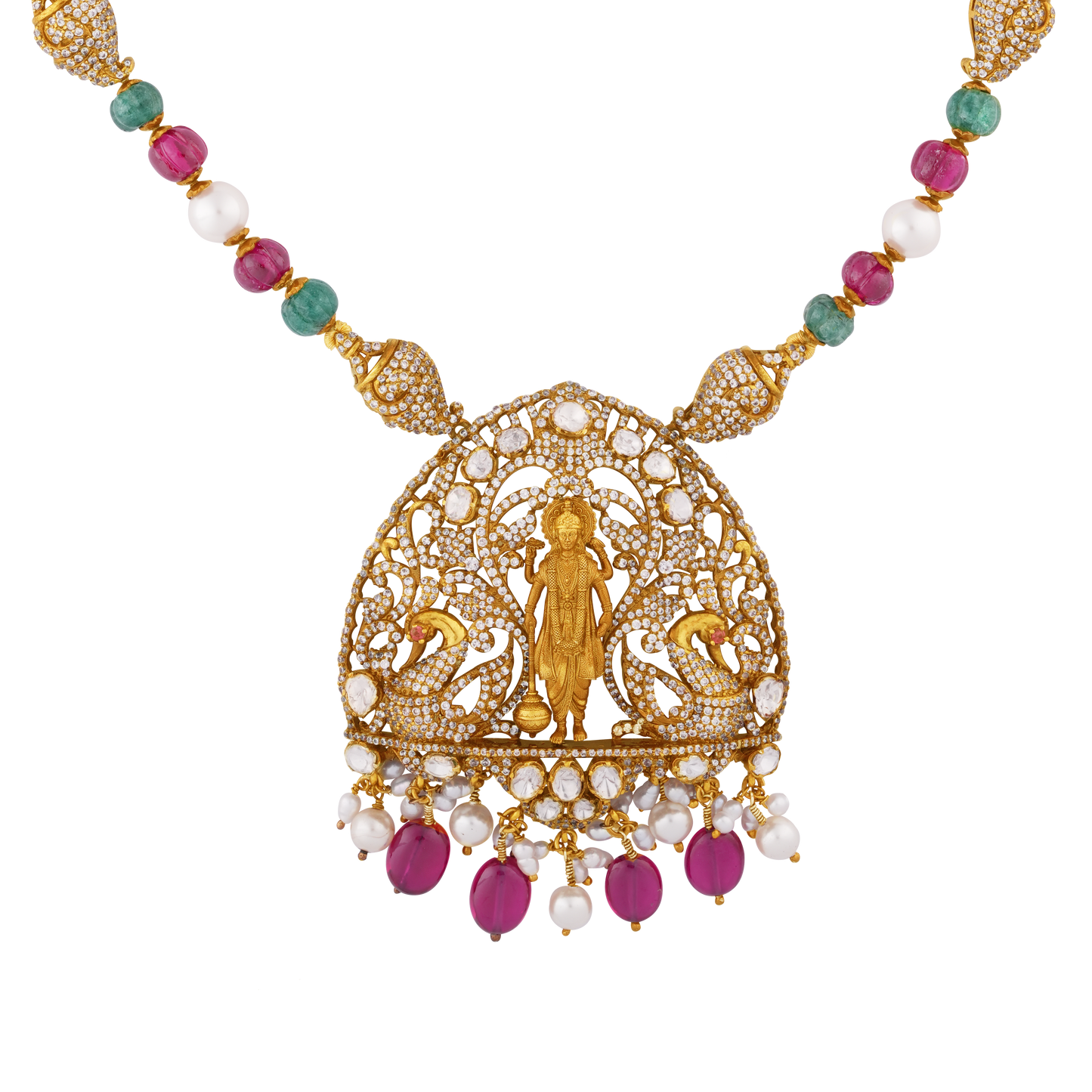 Graceful Victor Gold Haaram with Lakshmi Pendant, Ruby and Emerald Beads, and Pearl Accents