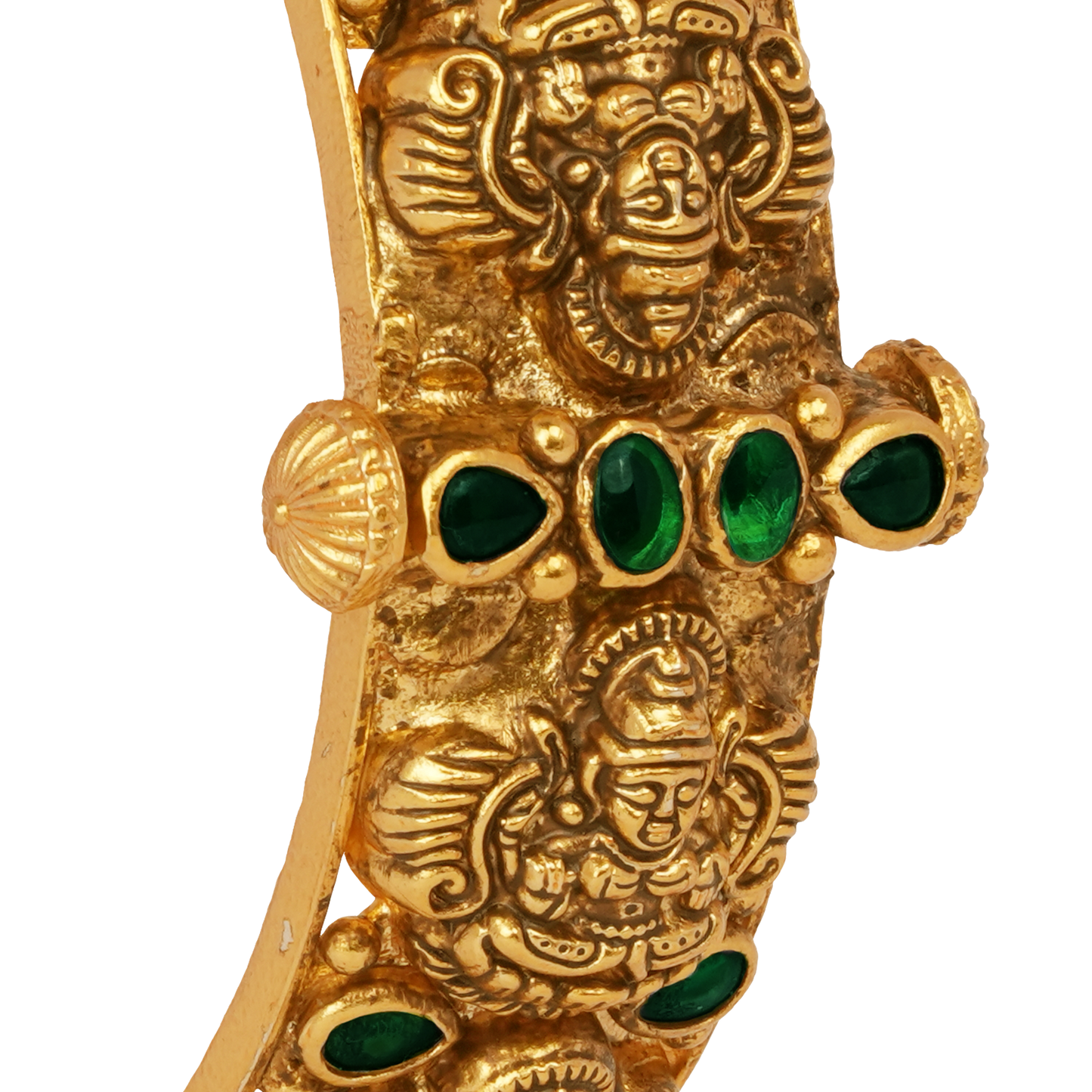 Temple Heritage Gold Bangle with Intricate Lion Motifs and Emerald Accents
