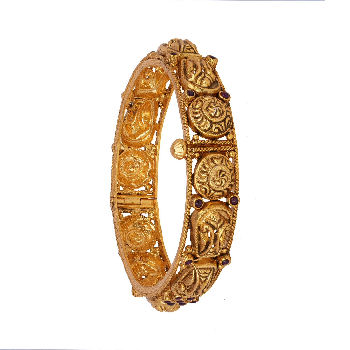 Antique Spiral and Paisley Gold Bangle with Ruby Embellishments