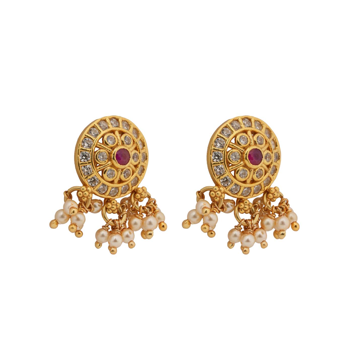 Ruby Blossom Chandbaali Pendant with Pearl Tassels