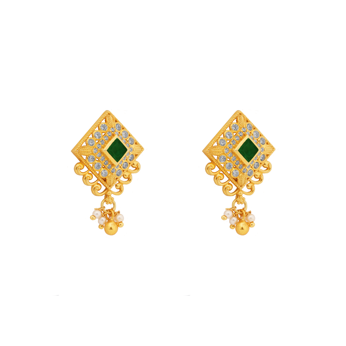 Meenakshi Emerald Square Chand Earrings with Pearl Drop