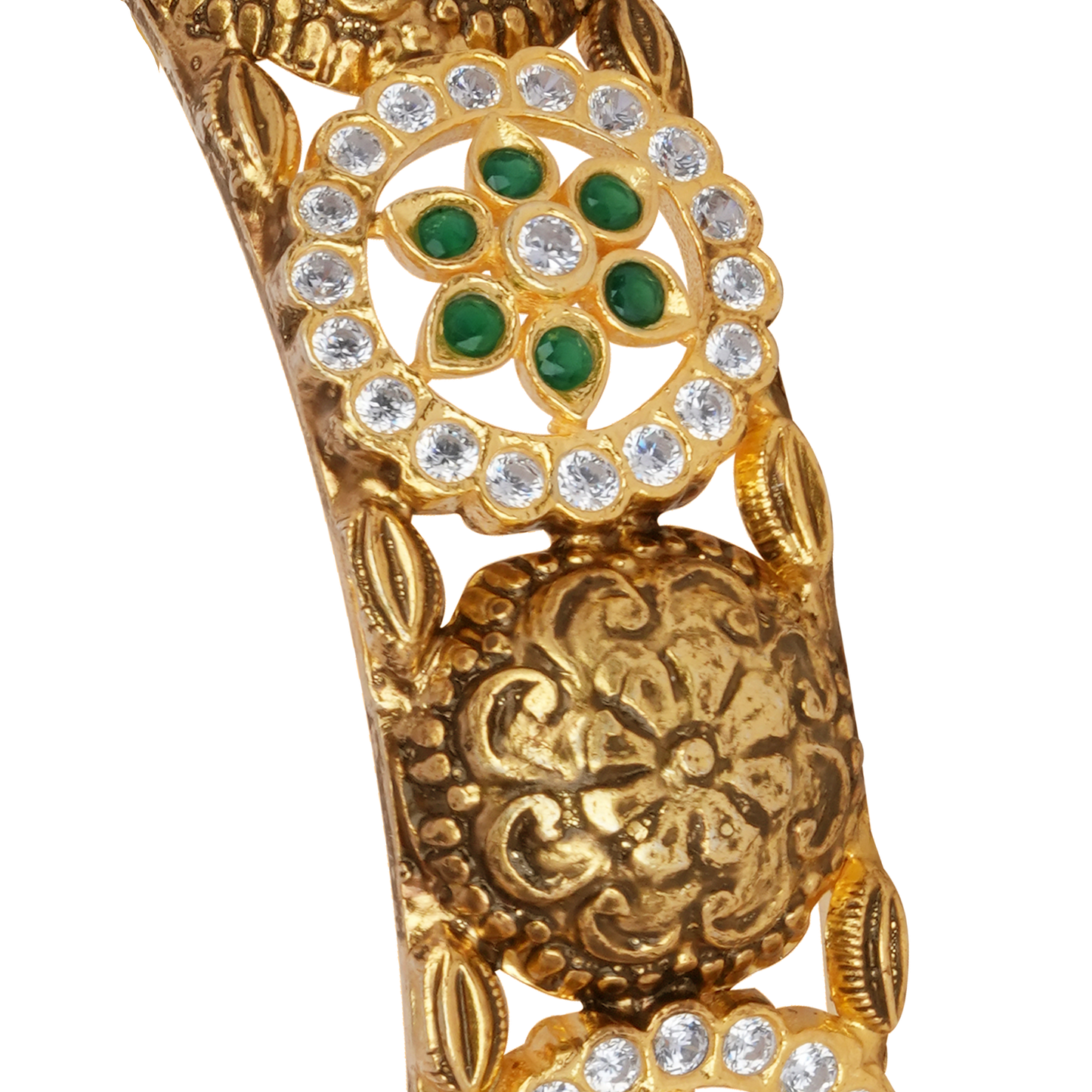 Opulent Floral Medallion Gold Bangle with Emerald and Diamond Accents