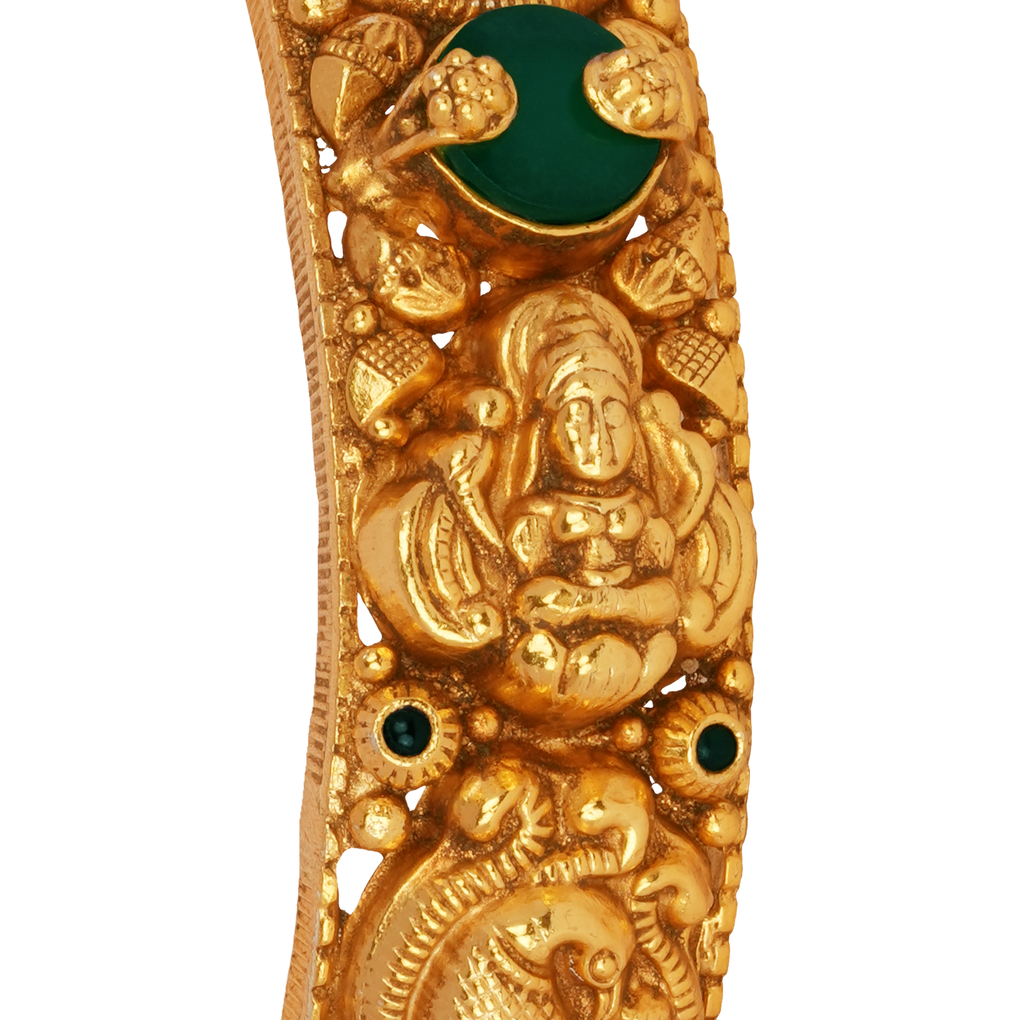 Majestic Lakshmi and Peacock Gold Bangle with Emerald Embellishments