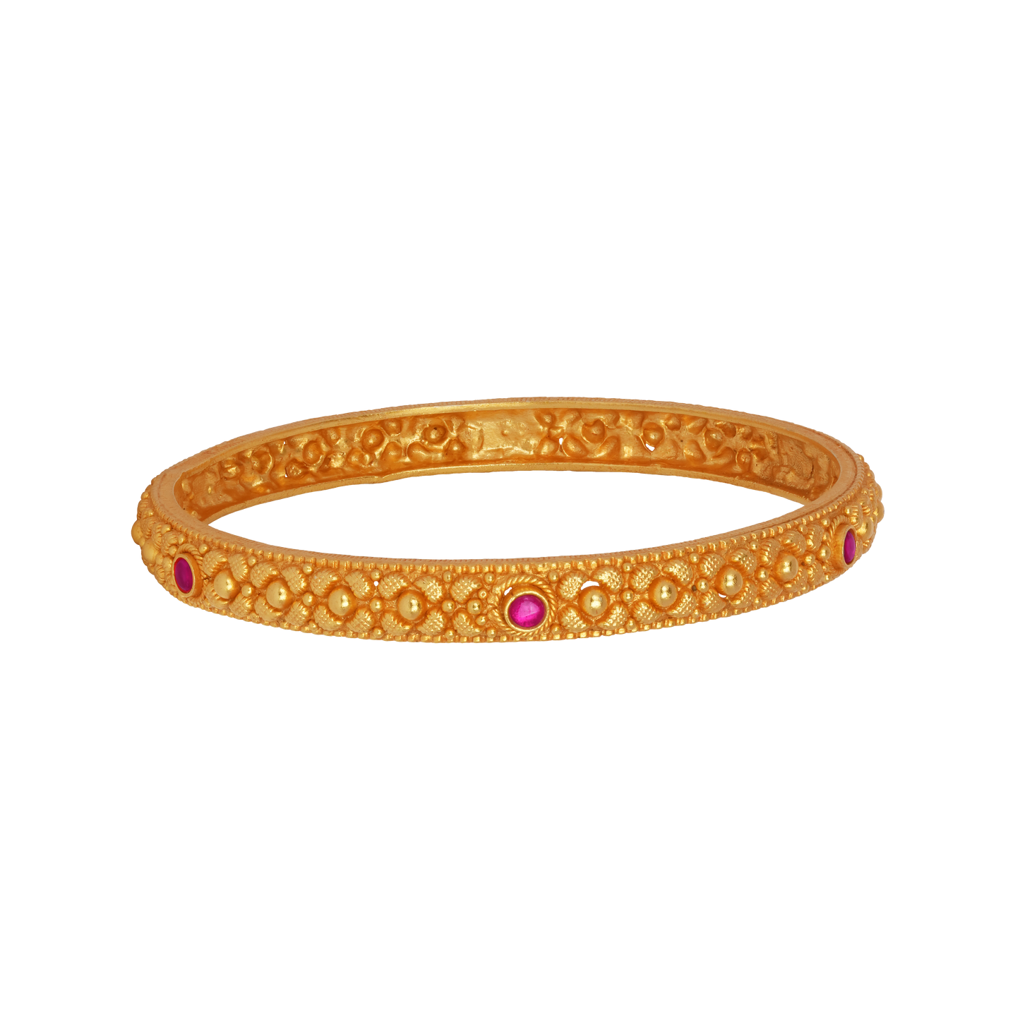 Delicate Floral Gold Bangle with Ruby Highlights