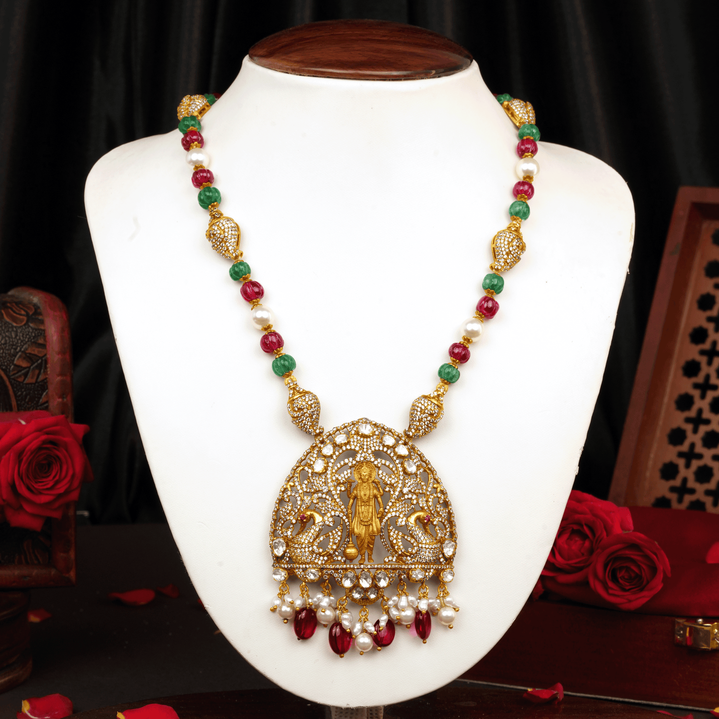 Graceful Victor Gold Haaram with Lakshmi Pendant, Ruby and Emerald Beads, and Pearl Accents