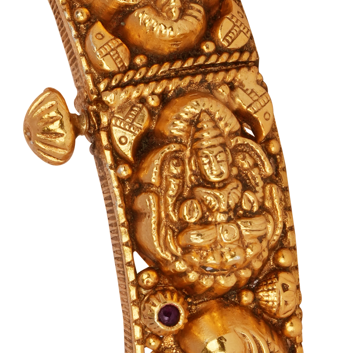 Divine Lakshmi Gold Bangle with Ruby Gemstone Embellishments