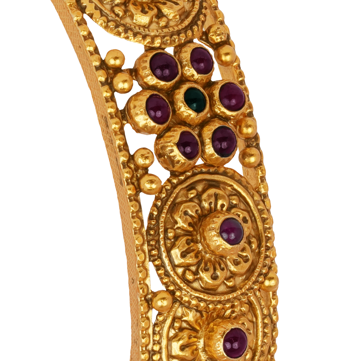 Antique Floral Medallion Gold Bangle with Ruby Studs