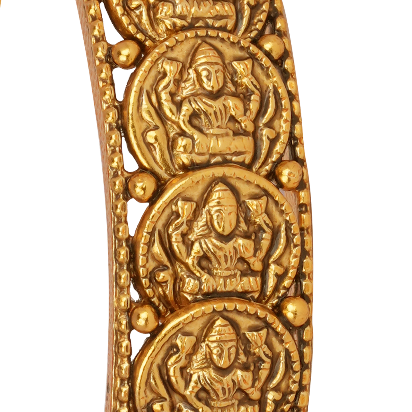 Sacred Lakshmi Gold Bangle with Temple Carvings and Ruby Highlights