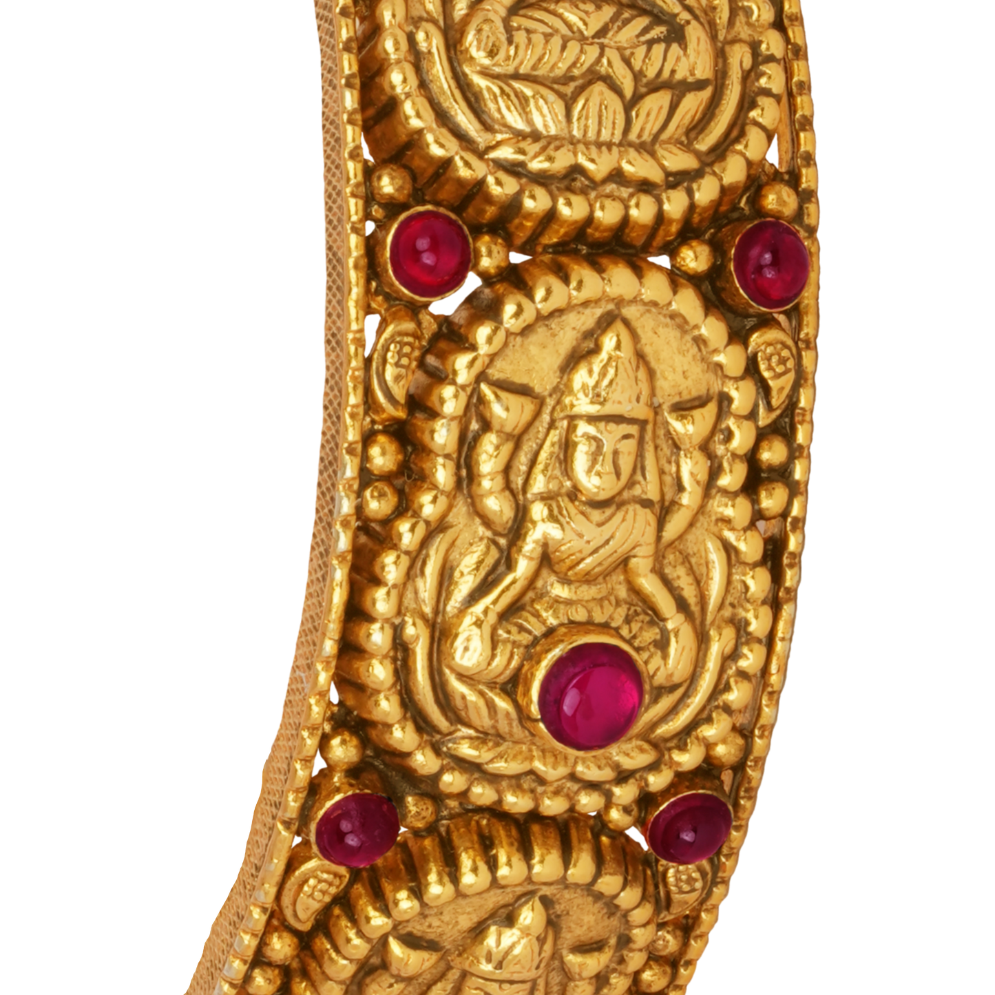 Divine Goddess Gold Bangle with Temple Motifs and Ruby Accents