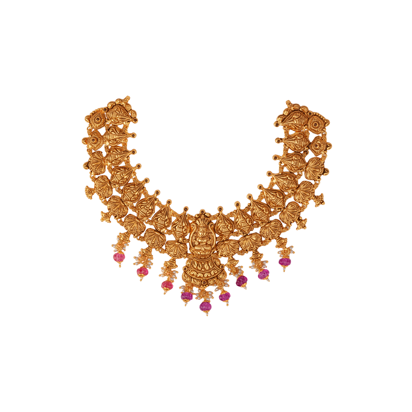 Regal Lakshmi Devi Temple Necklace with Antique Gold Finish and Ruby Drop Charms