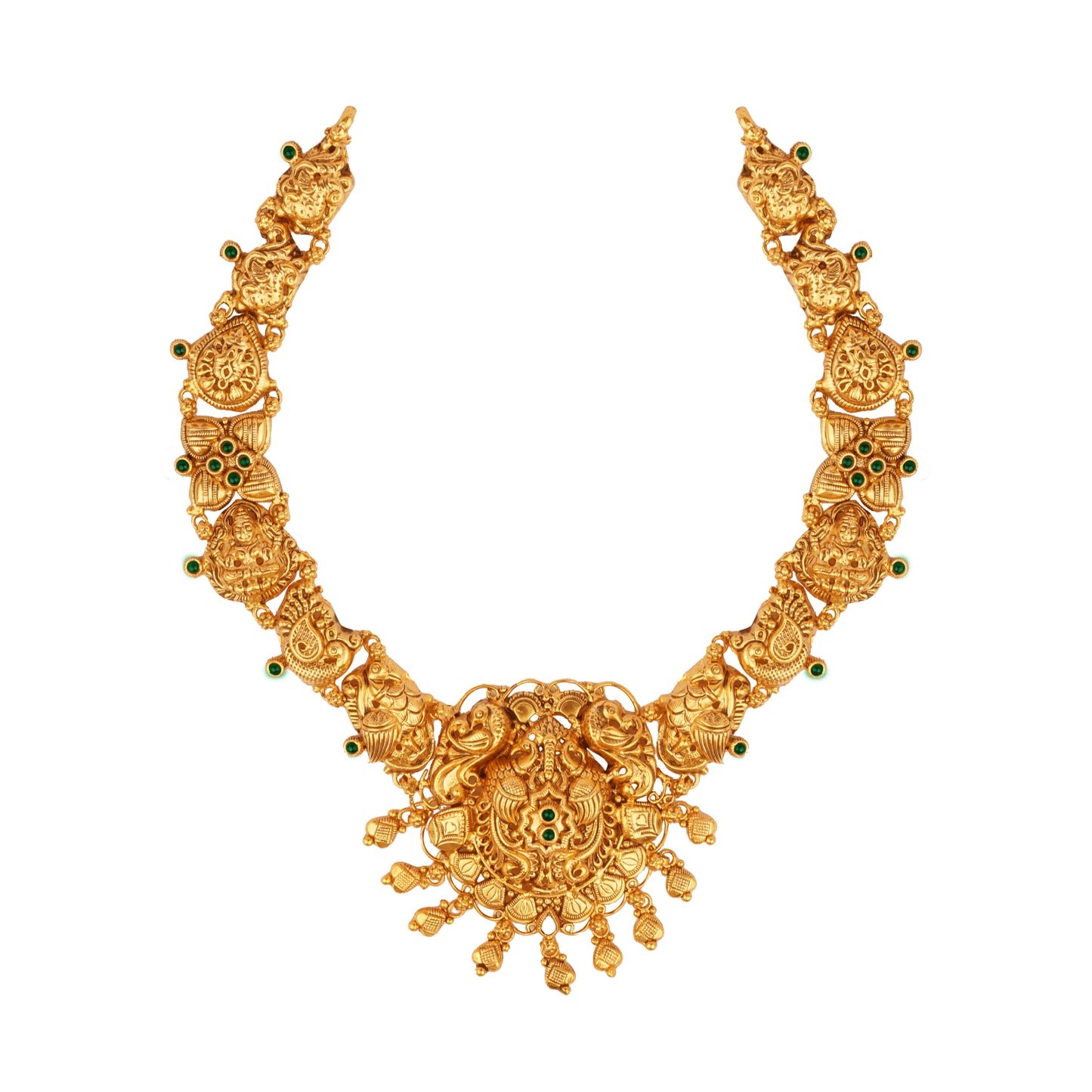 Majestic Twin Peacock Temple Necklace with Emerald Accents and Sunburst Pendant