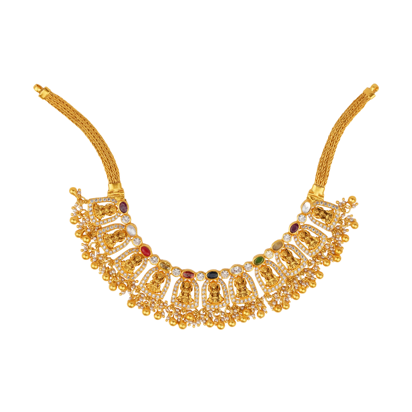 Navaratna Temple Choker with Deity Carvings and Gold Ball Danglers