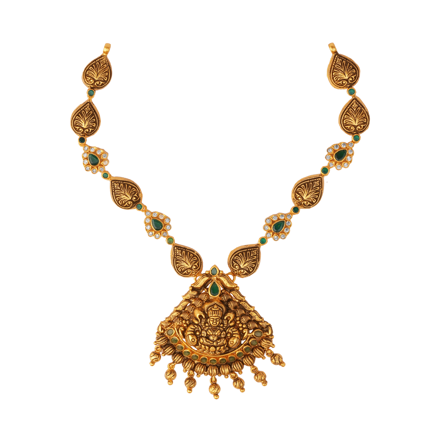 Antique Temple Necklace with Emerald Droplets and Lakshmi Motif Pendant