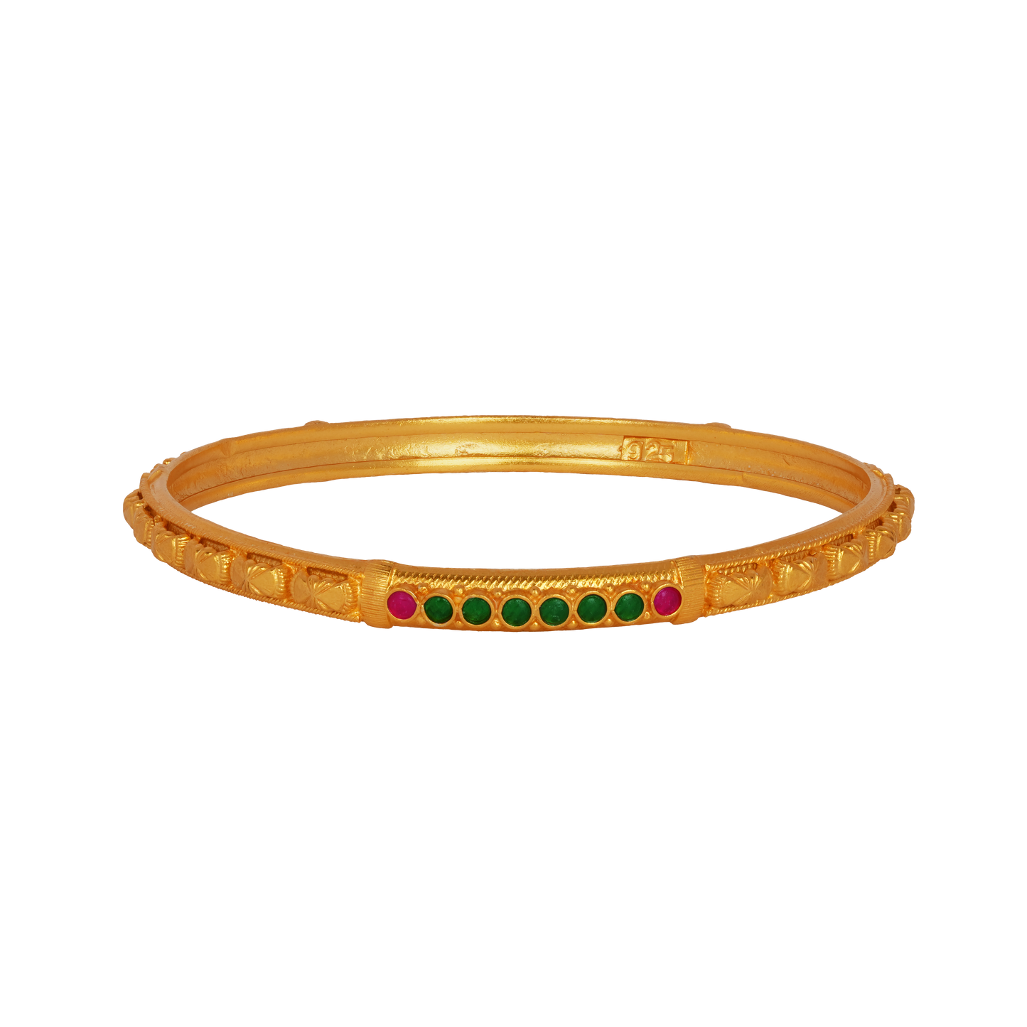 Sleek Gold Bangle with Emerald and Ruby Accents