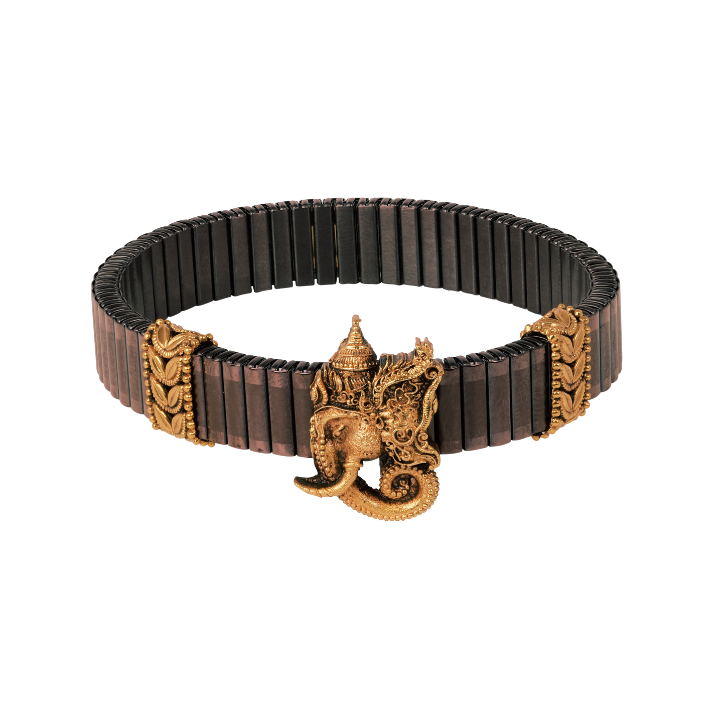 Ganesha Divine Kada with Antique Gold Motif on Rustic Black Band