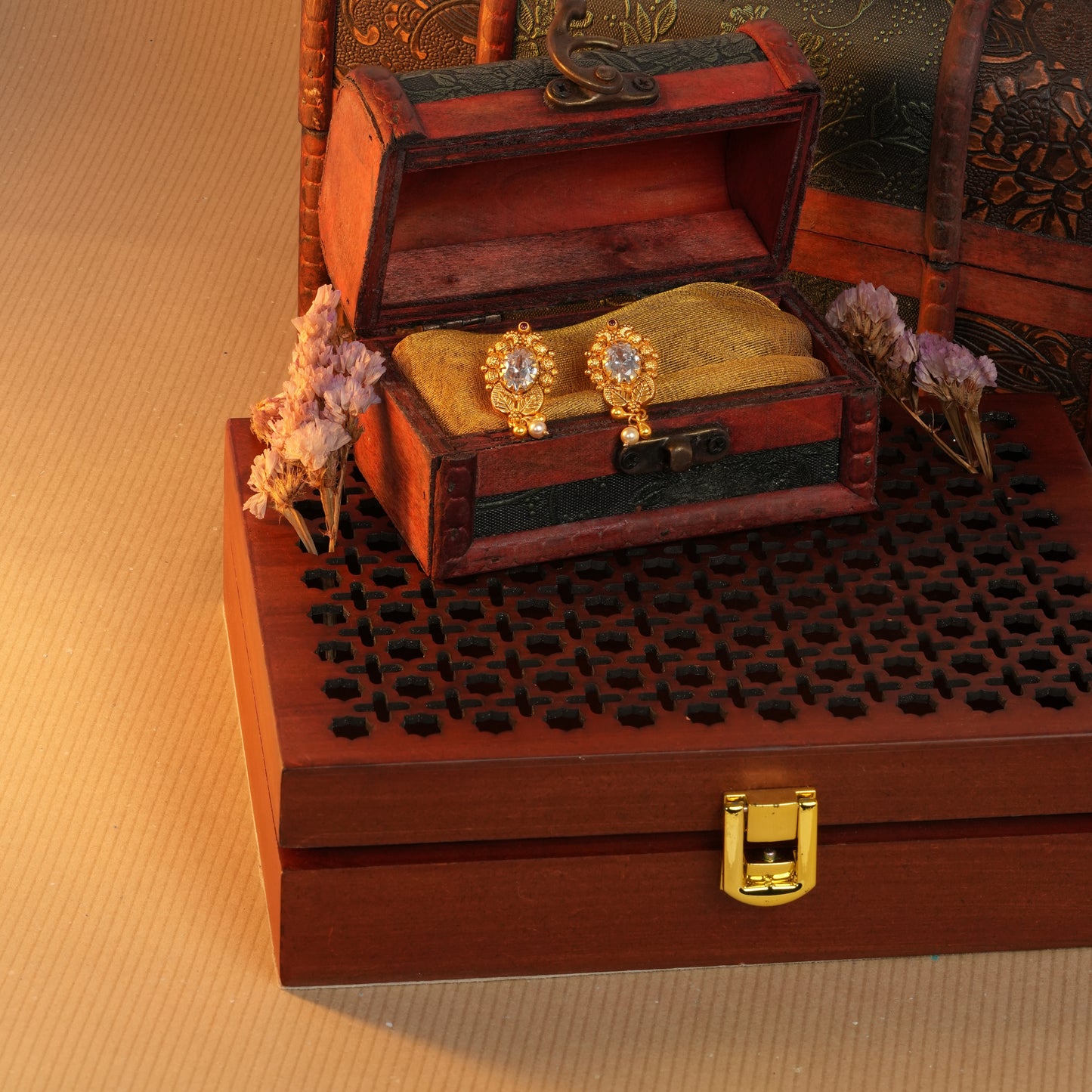 Antique Gold-Finish Jiva Earrings with Crystal Centre and Pearl Drop