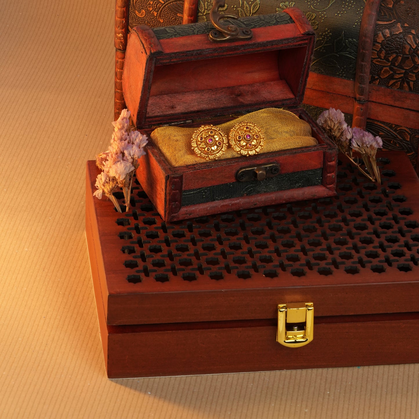 Antique Gold-Finish Hridaya Studs with Ruby Centre and Heart Motifs