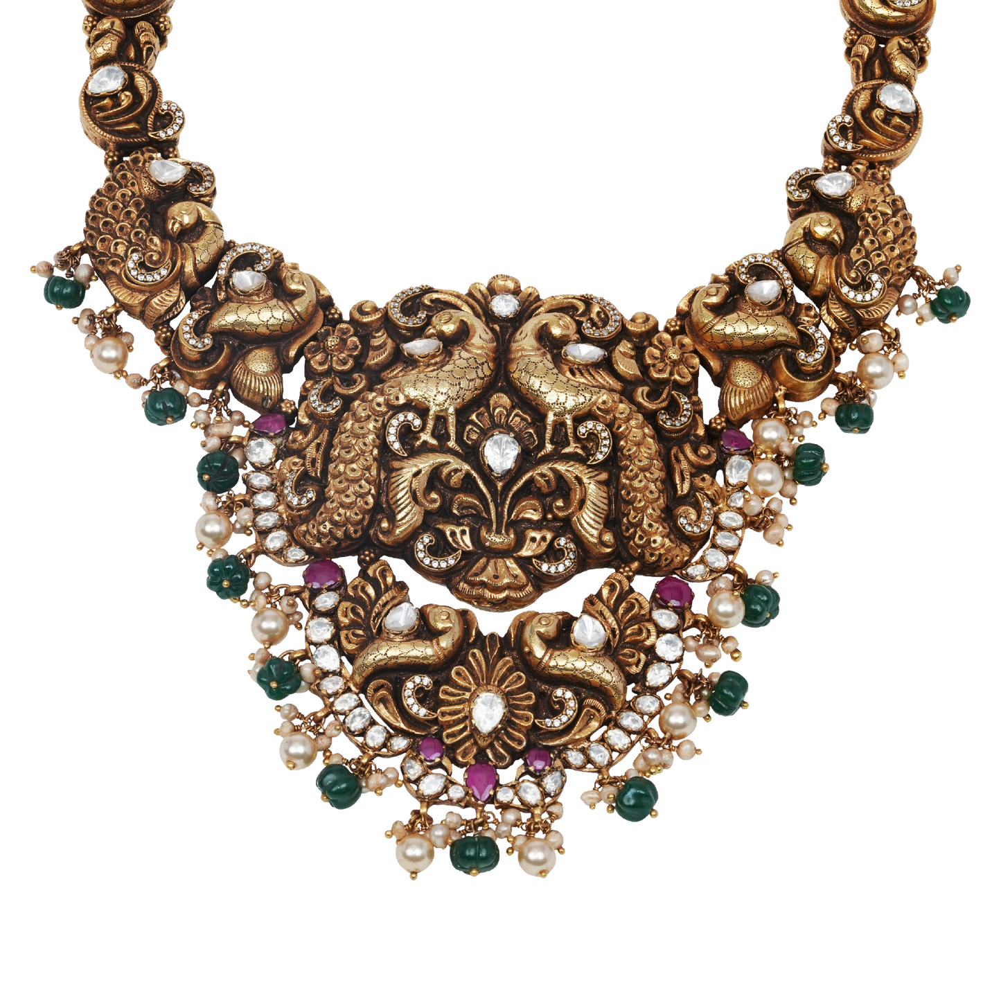 Vasudha Twin Peacock Nakshi Haar with Emerald & Pearl Clusters