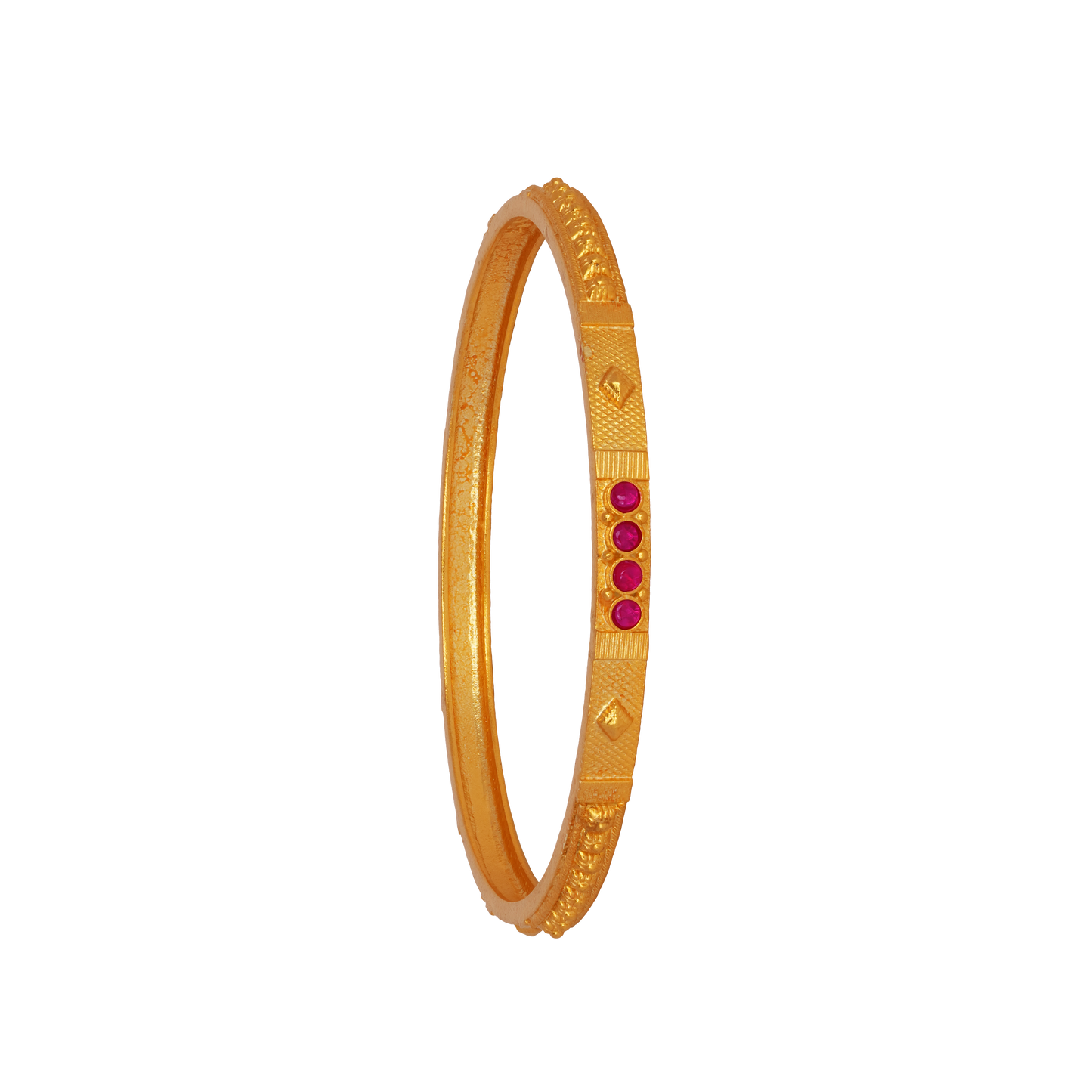 Sleek Geometric Gold Bangle with Ruby Cluster Detailing
