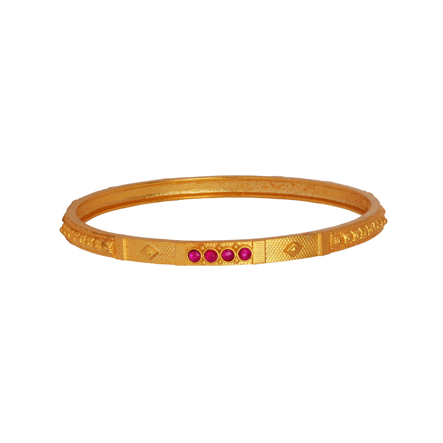 Sleek Geometric Gold Bangle with Ruby Cluster Detailing