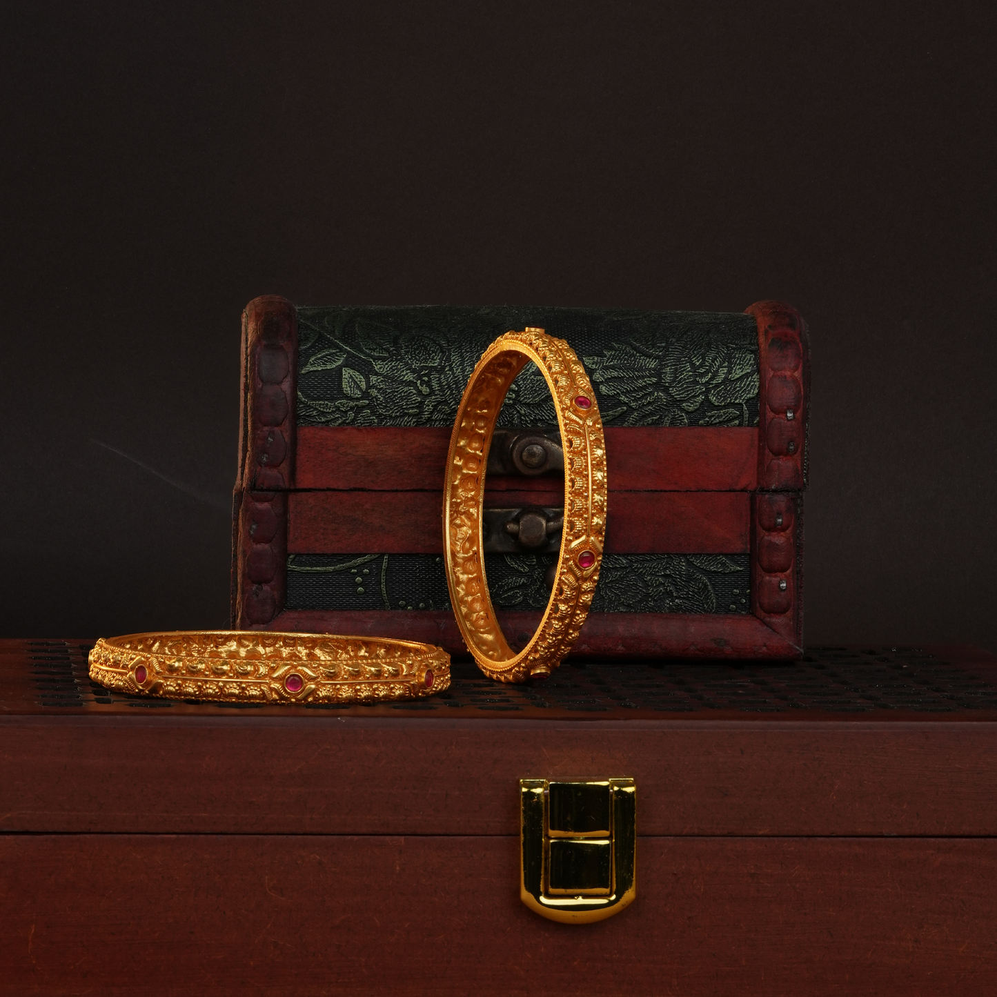 Classic Heritage Gold Bangle with Ruby Studs