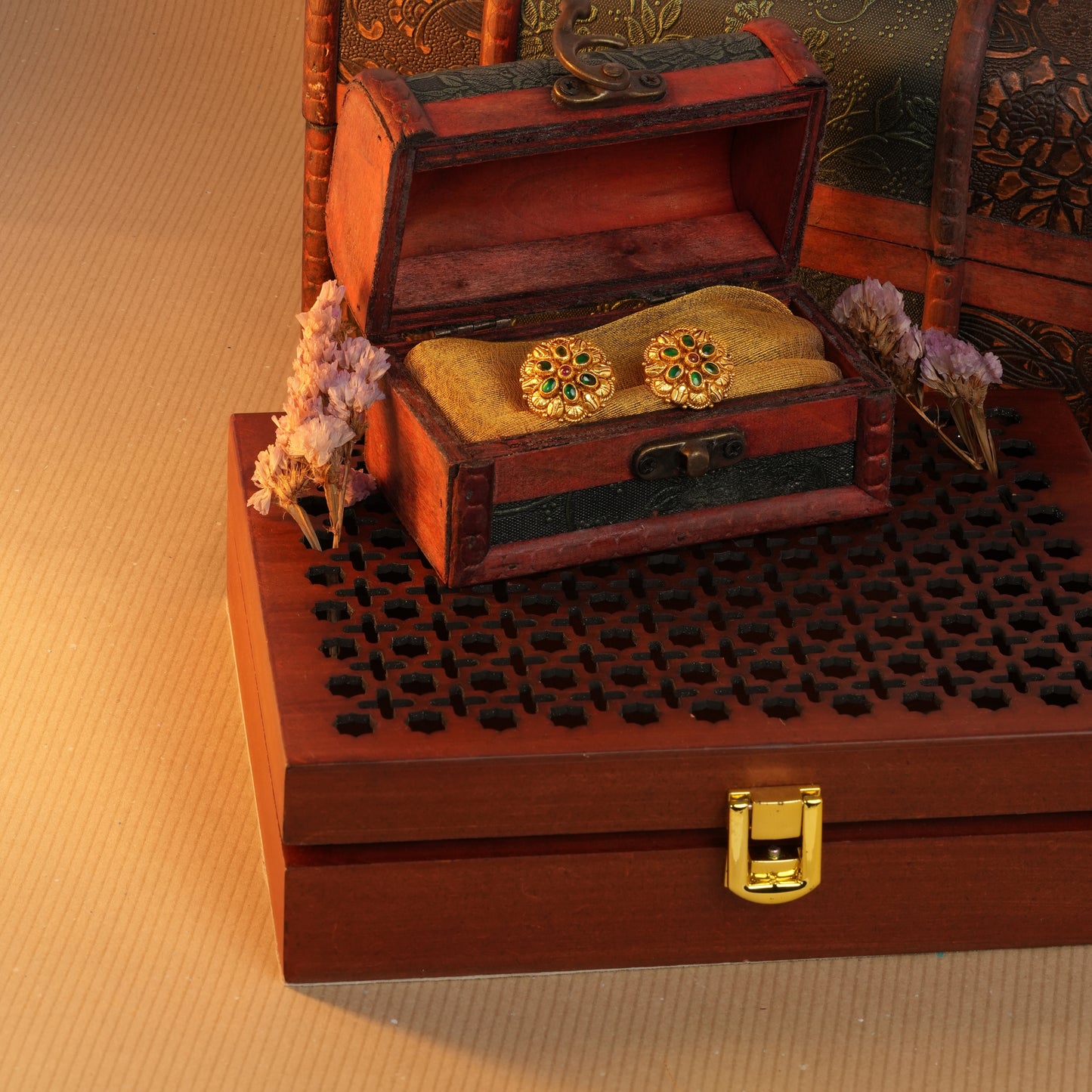 Antique Gold-Finish Padmini Studs with Emerald Petals and Ruby Centre