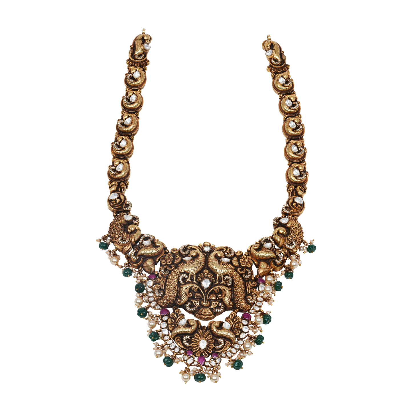 Vasudha Twin Peacock Nakshi Haar with Emerald & Pearl Clusters