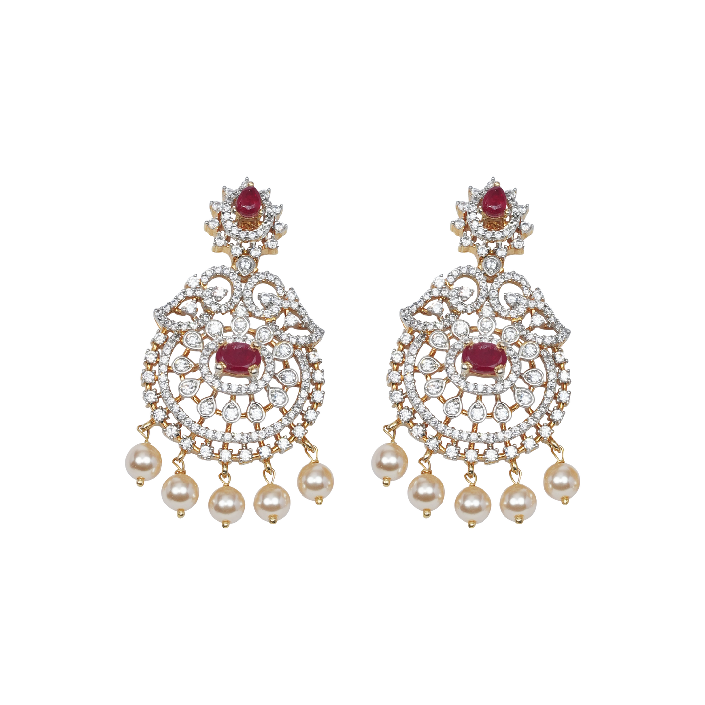 Ishira Ruby Chandbali Earrings with Pearl Drops