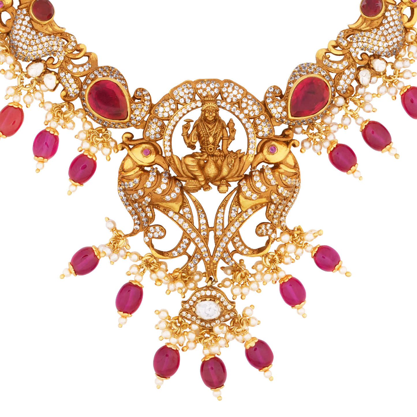Ornate Victor Gold Necklace with Ruby Bead Drops, Lakshmi Pendant, and Intricate Peacock Motifs