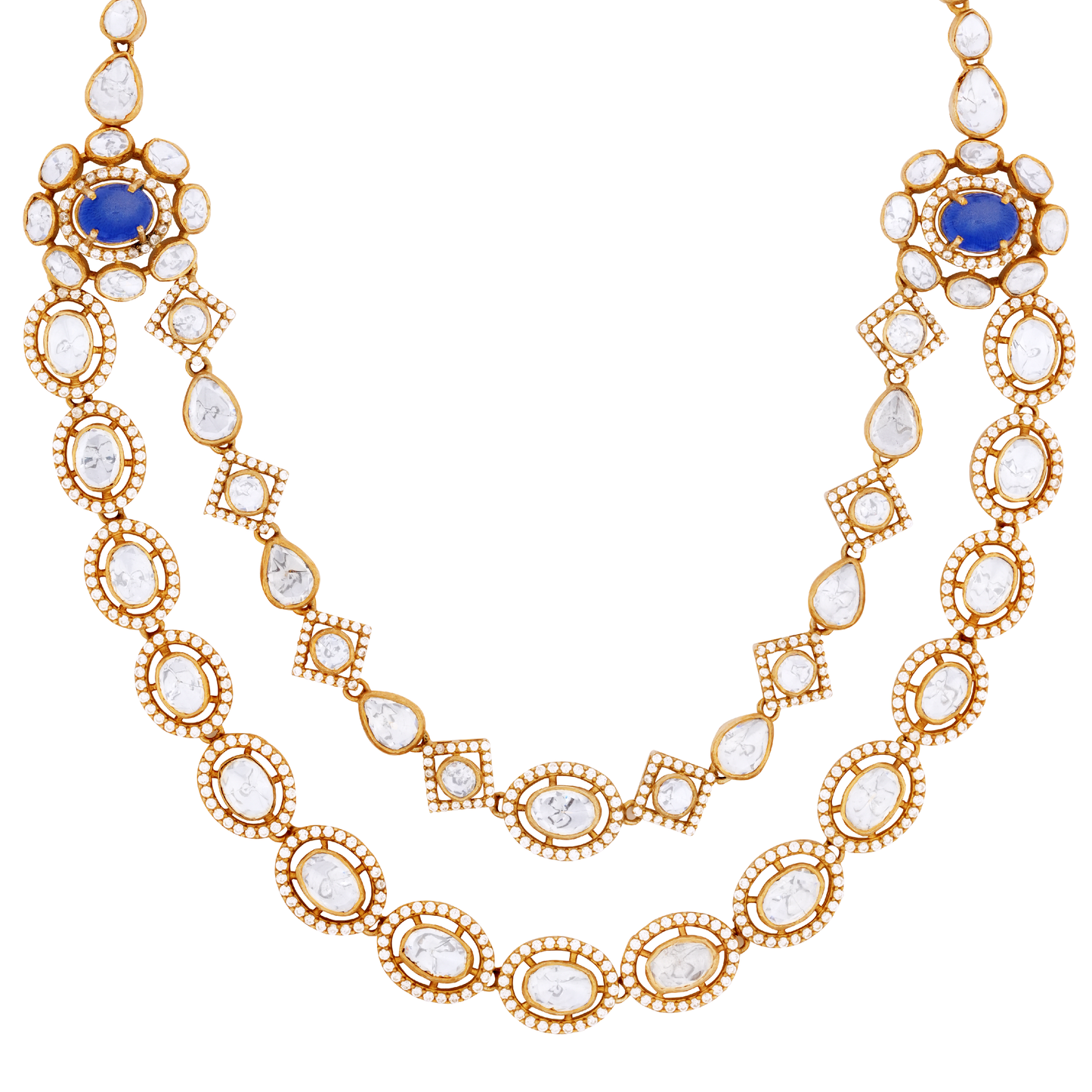 Elegant Victor Gold Necklace with White Stones and Royal Blue Centerpiece