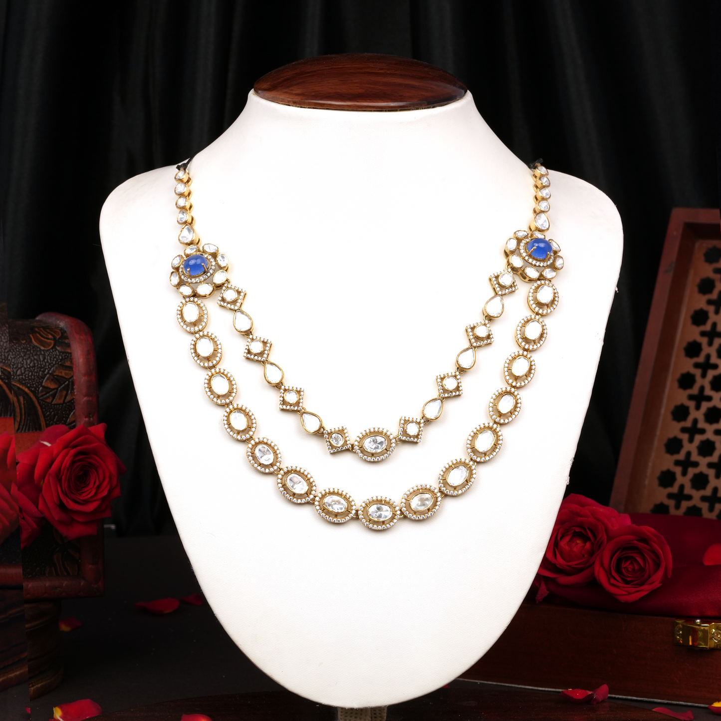 Elegant Victor Gold Necklace with White Stones and Royal Blue Centerpiece