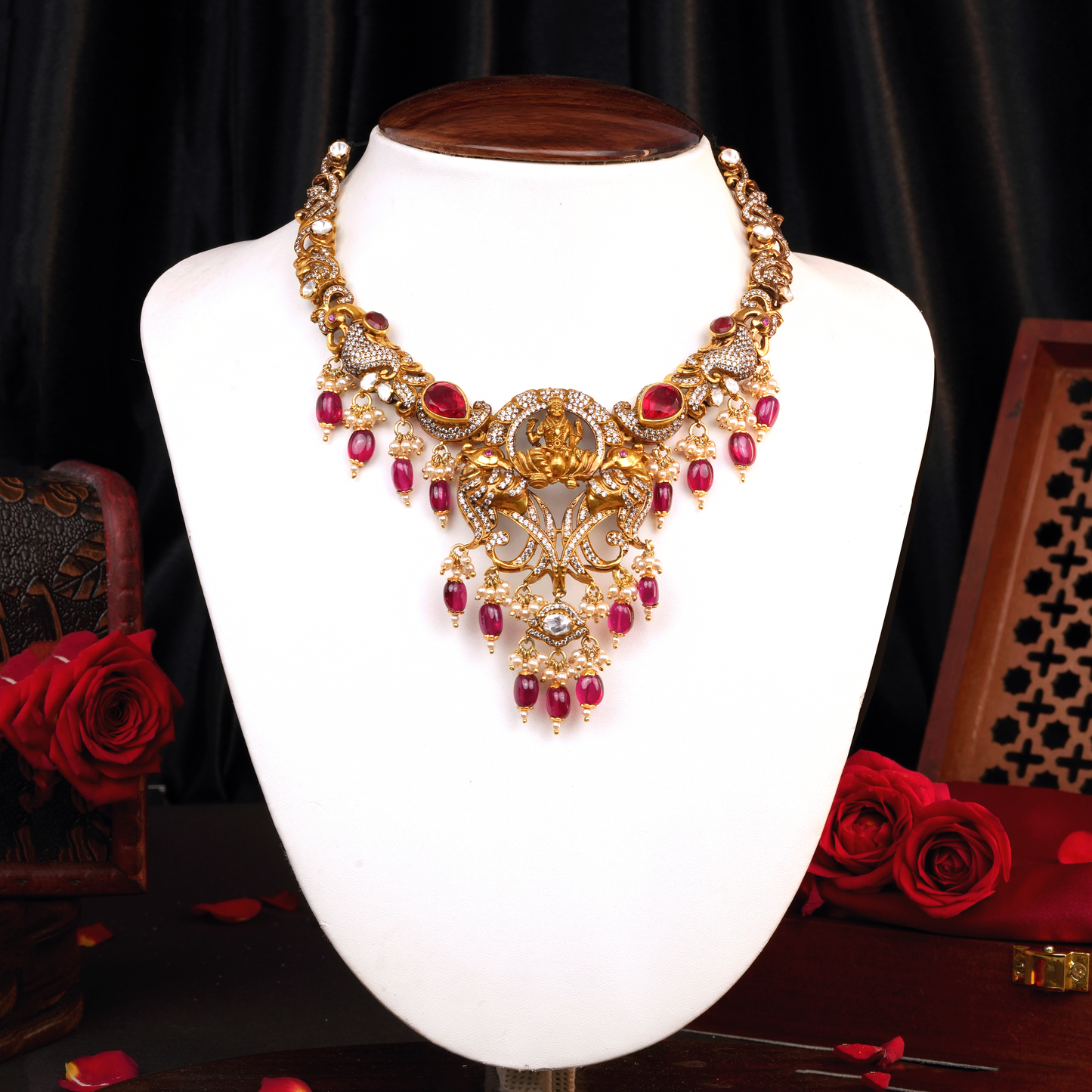 Ornate Victor Gold Necklace with Ruby Bead Drops, Lakshmi Pendant, and Intricate Peacock Motifs