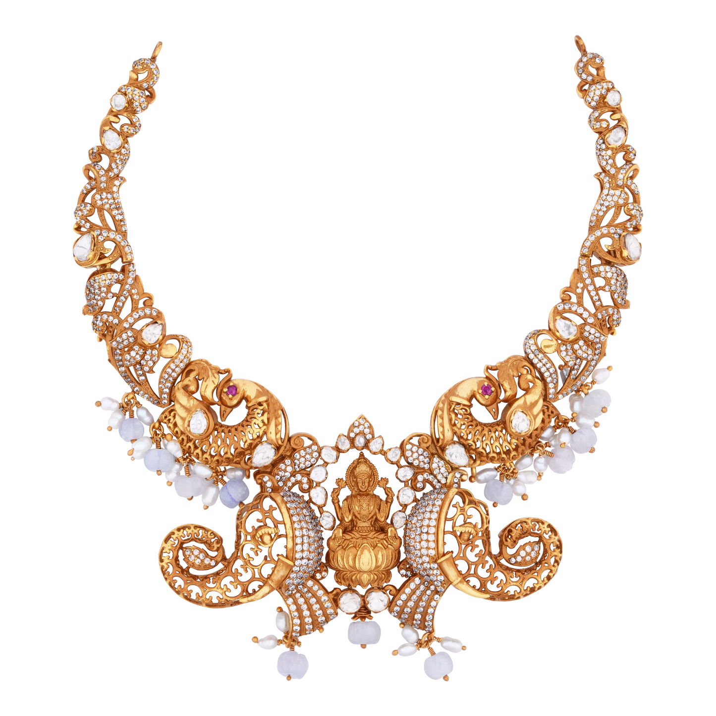 Majestic Victor Gold Necklace with Lakshmi Centerpiece, Intricate Elephants, and White Stone Accents
