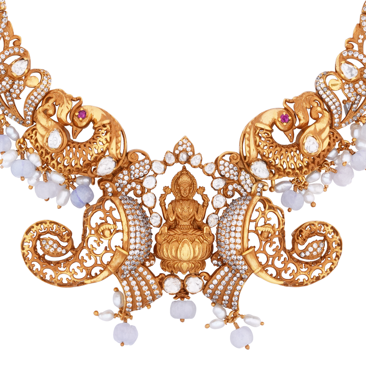 Majestic Victor Gold Necklace with Lakshmi Centerpiece, Intricate Elephants, and White Stone Accents