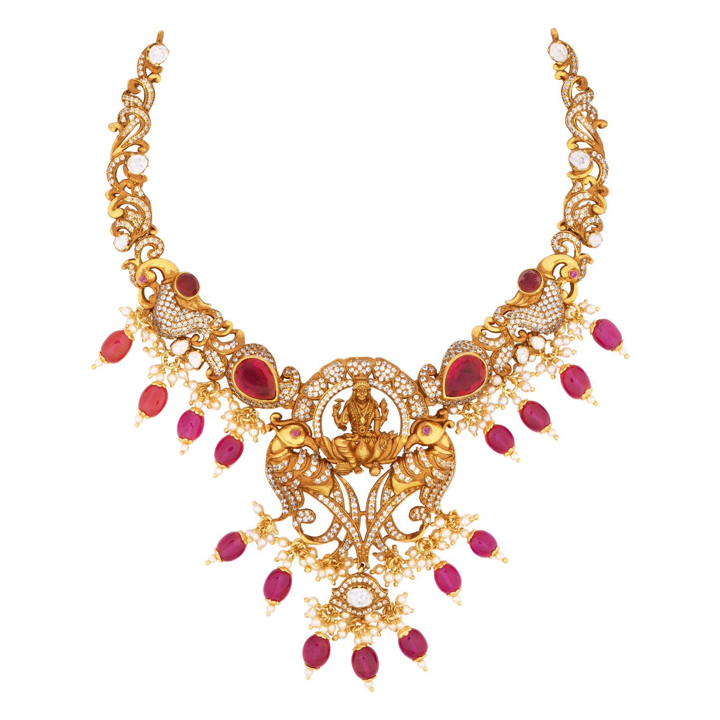 Ornate Victor Gold Necklace with Ruby Bead Drops, Lakshmi Pendant, and Intricate Peacock Motifs