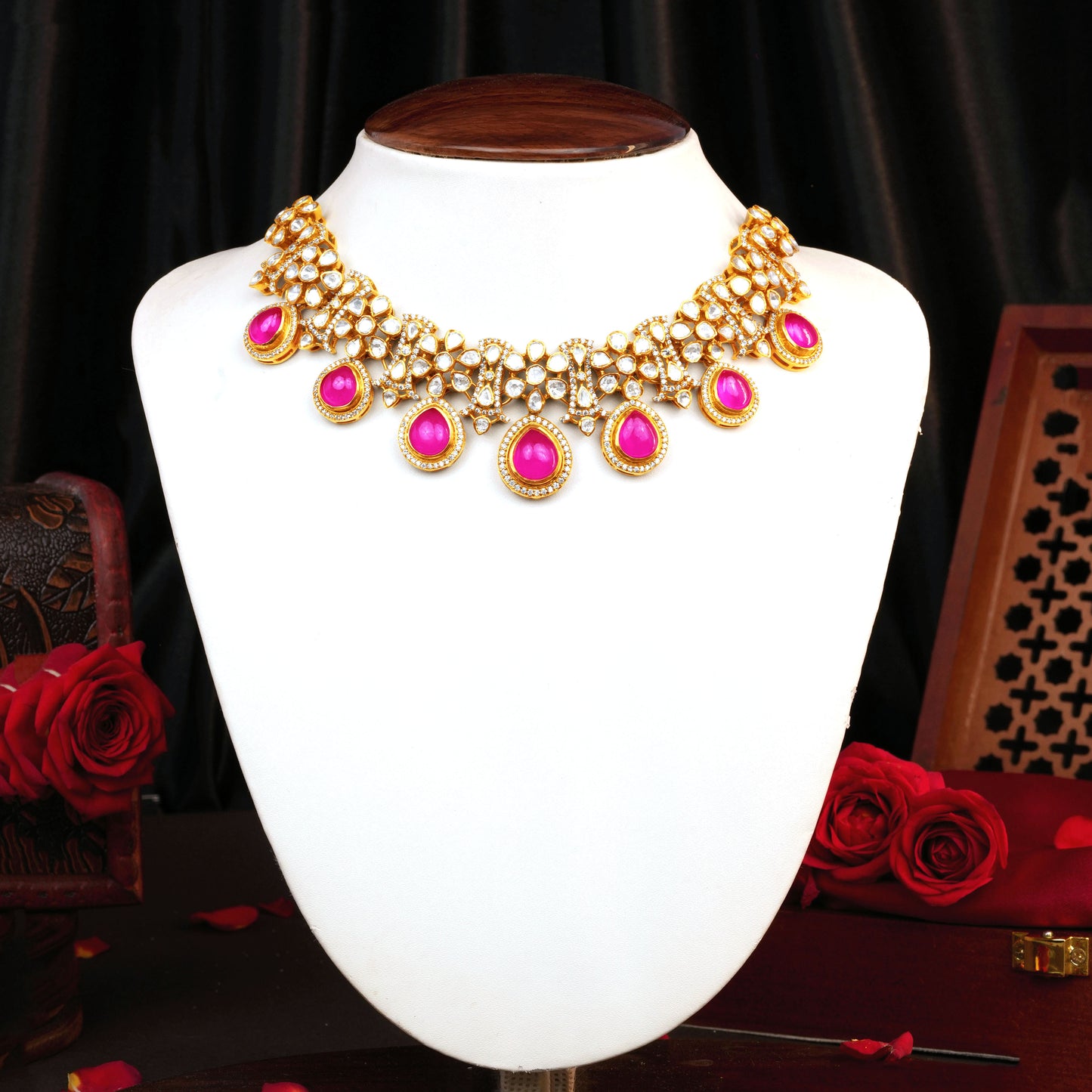 Radiant Victor Gold Necklace with Pink Stone Highlights and Intricate Floral Motifs
